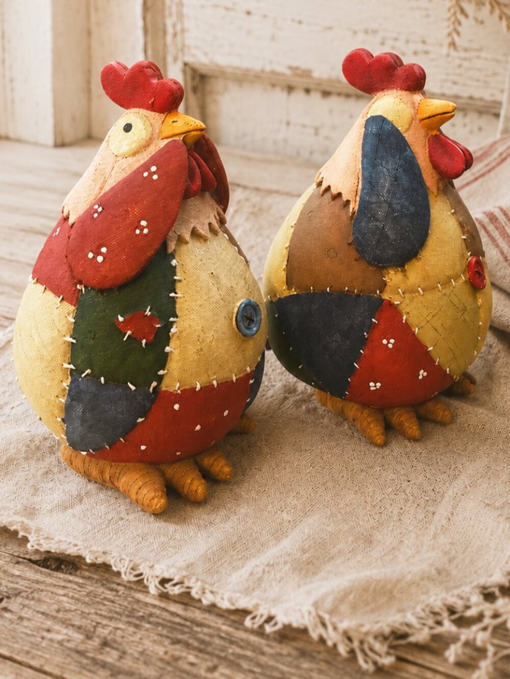 Set of 2 Vintage Roseluo Style Patchwork Primitive Rooster Collectible Figurines